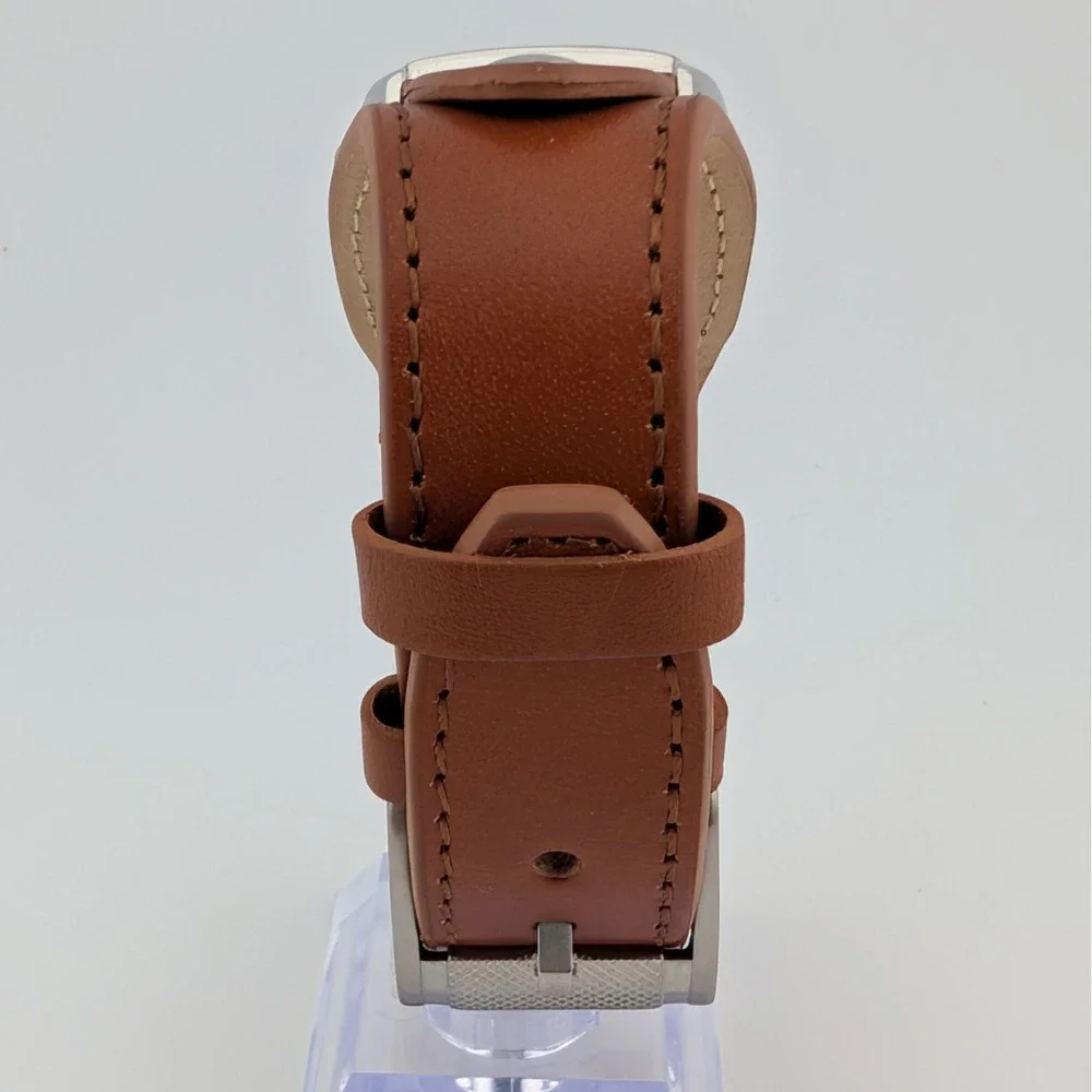 Fossil JR-8185 Y2K Flip Dial Unisex Cuff Watch Tan Leather Retro Futuristic 30mm